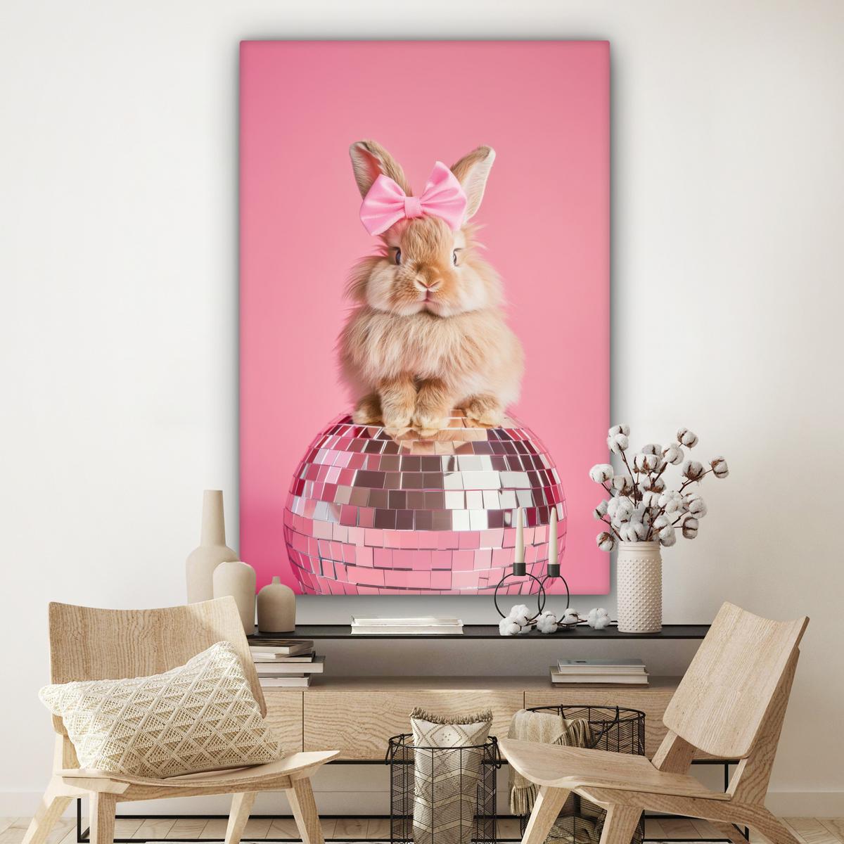 LEINWANDBILD Schleife - Discoball - Kaninchen Deko Groß 90x140 cm - Pink, Textil (90/140cm) - MuchoWow