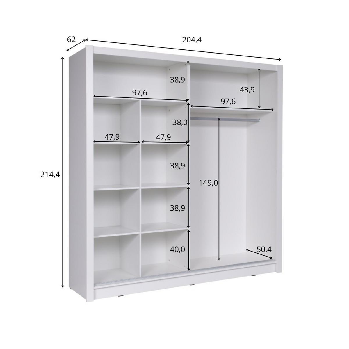 SCHWEBETÜRENSCHRANK FRISKA 204,4/214,4/62cm 2-türig mit Spiegel Grau - Grau, Holzwerkstoff (204.4/214.4/62cm) - MASSENO