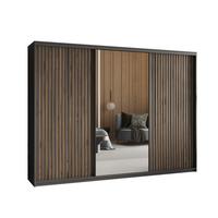 SCHWEBETÜRENSCHRANK ORRA 250/205/60 cm 3-türig mit Spiegel und Lamellen Schwarz - Eiche Wotan/Schwarz, Holzwerkstoff (250/205/60cm) - MASSENO