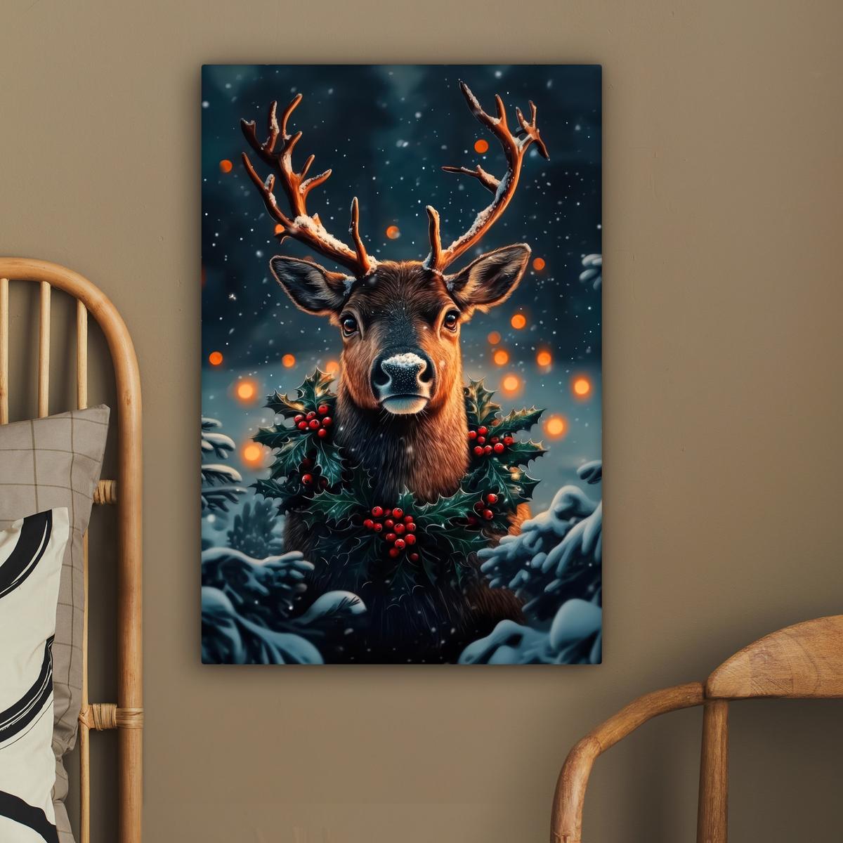 LEINWANDBILD Hirsch - Weihnachten - Winter - Schnee - Weihnachtskranz Wanddeko 40x60 cm - Dunkelbraun, Textil (40/60cm) - MuchoWow