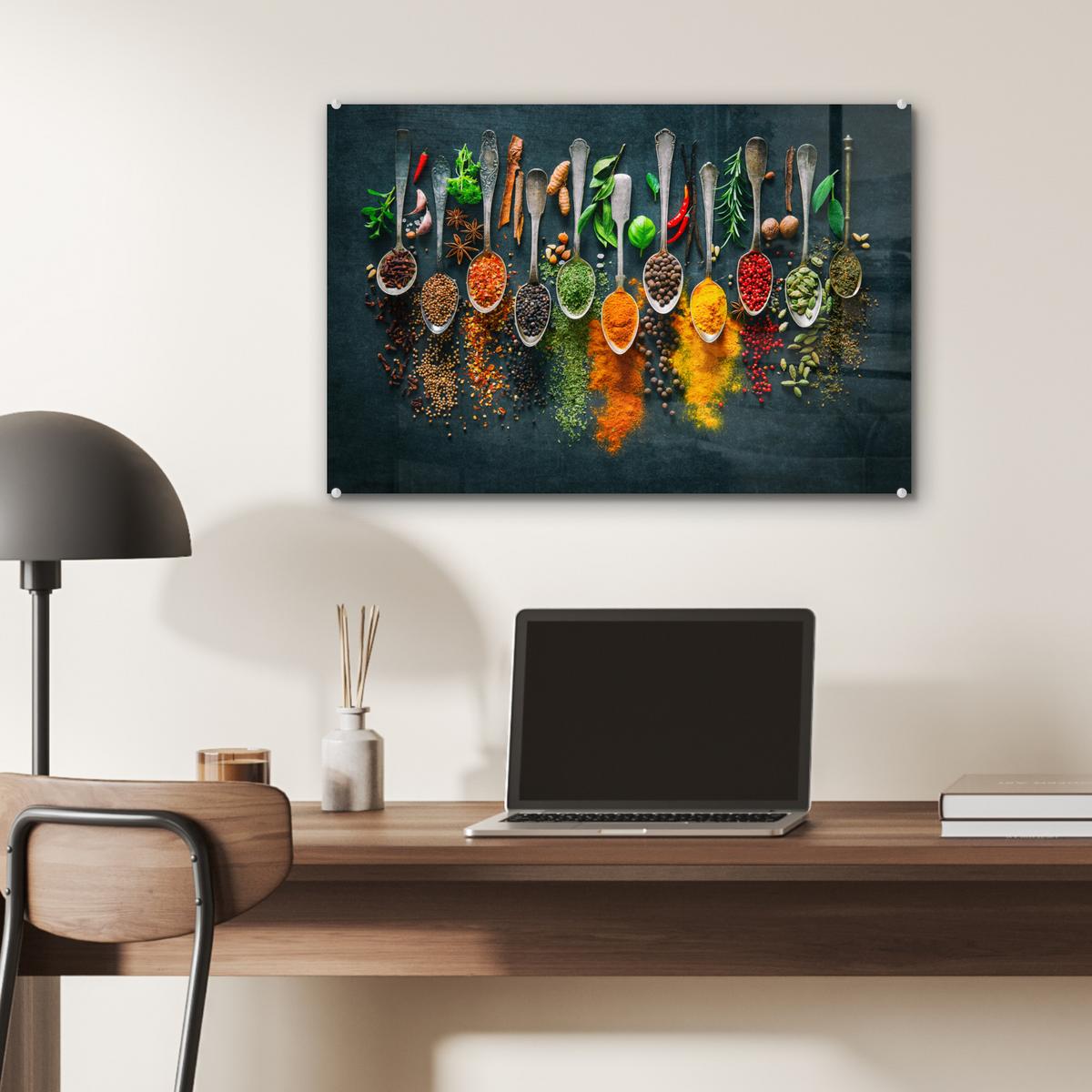 ACRYLGLASBILD Kräuter - Gewürze - Löffel Wanddeko 60x40 cm - Currygelb, Glas (60/40cm) - MuchoWow
