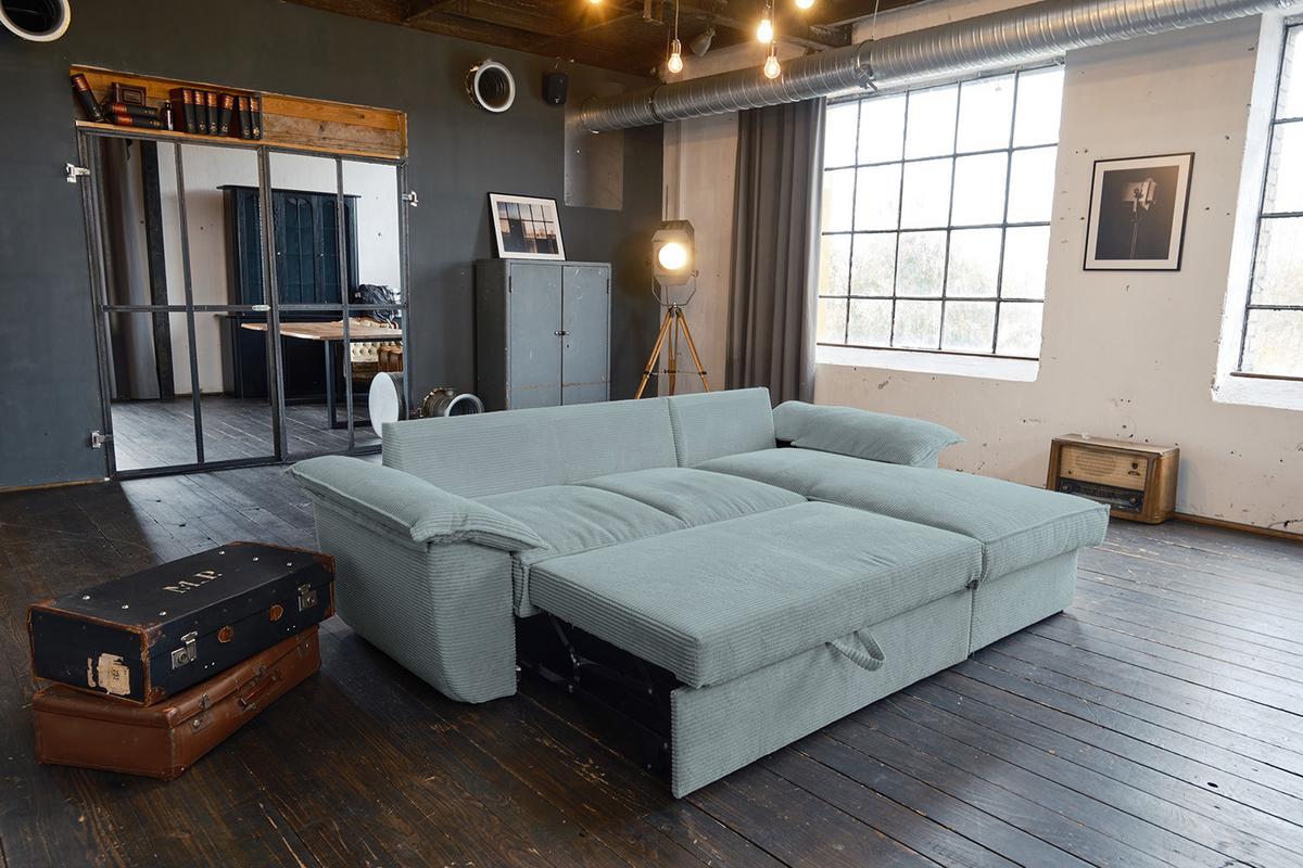 ECKSOFA DAMETO Hellblau Cord Mit Schlaffunktion - Schwarz/Hellblau, Kunststoff/Textil (266/174cm) - KAWOLA