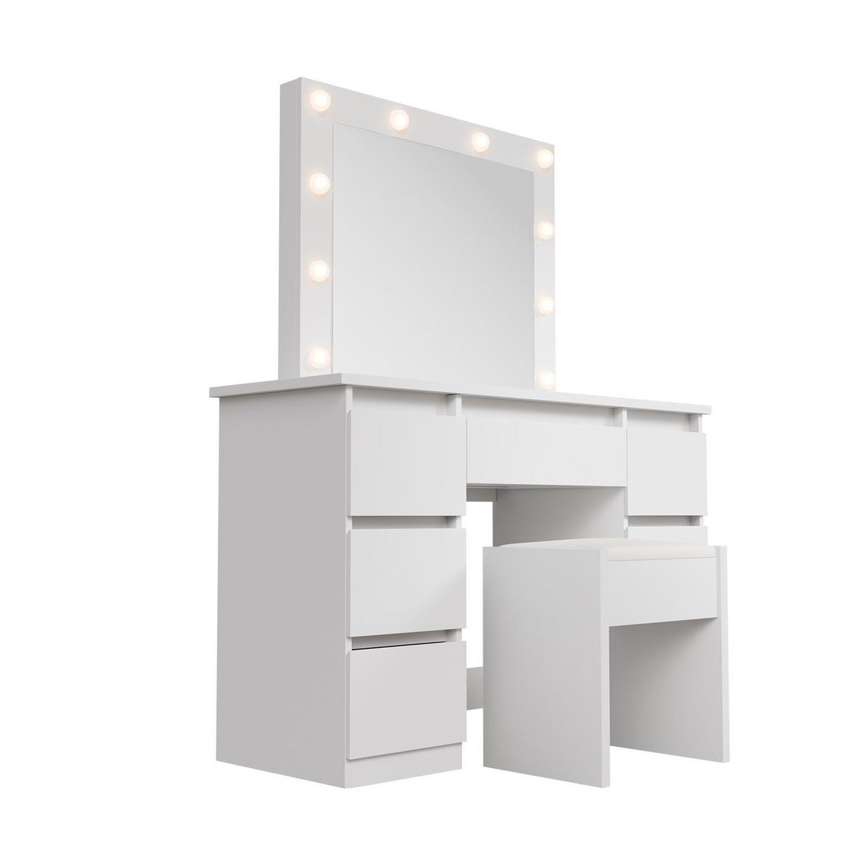 SCHMINKTISCH Talea mit LED (3 Lichtstufen) inkl Hocker Melly - Weiß, Holz (110/141/40cm) - Juskys