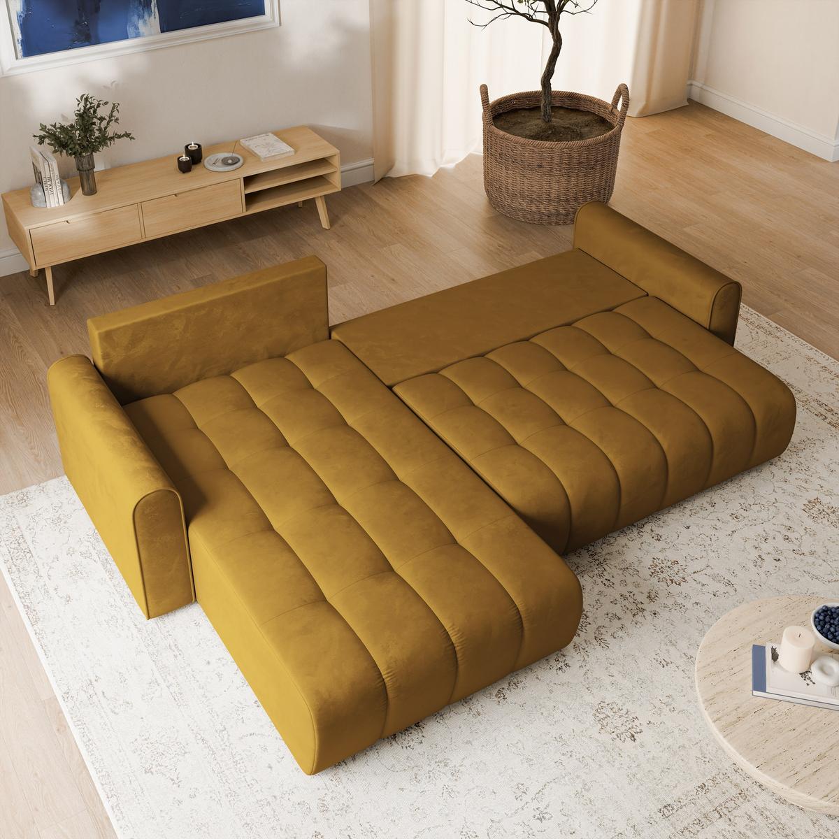ECKSOFA FRIGA Gelb Velours-Stoff mit Schlaffunktion - Gelb, Holz (283/185cm) - MASSENO