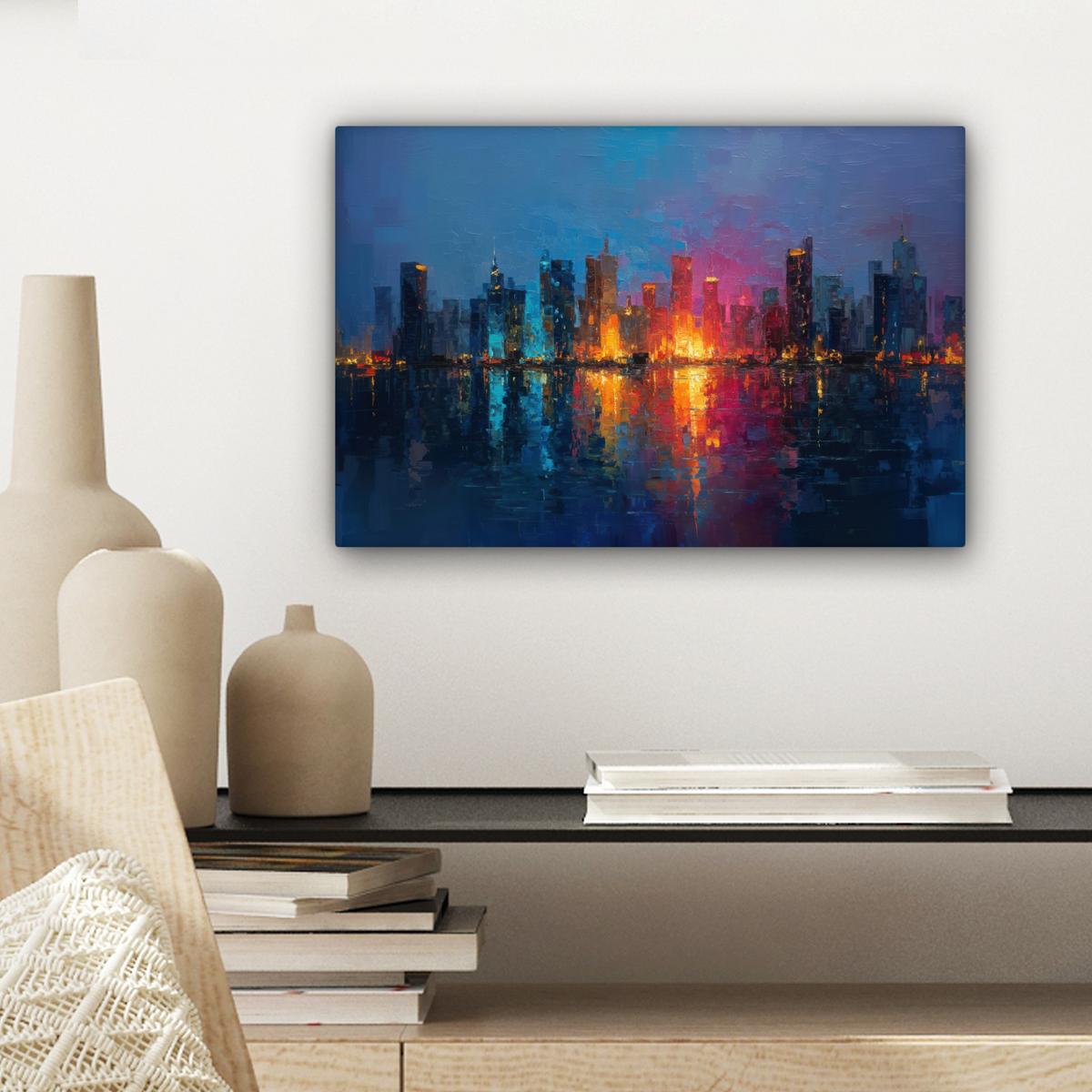 LEINWANDBILD Skyline - Pinselstriche - Dunkelblau - Leuchtend Deko Schlafzimmer 30x20 cm - Blau, Textil (30/20cm) - MuchoWow