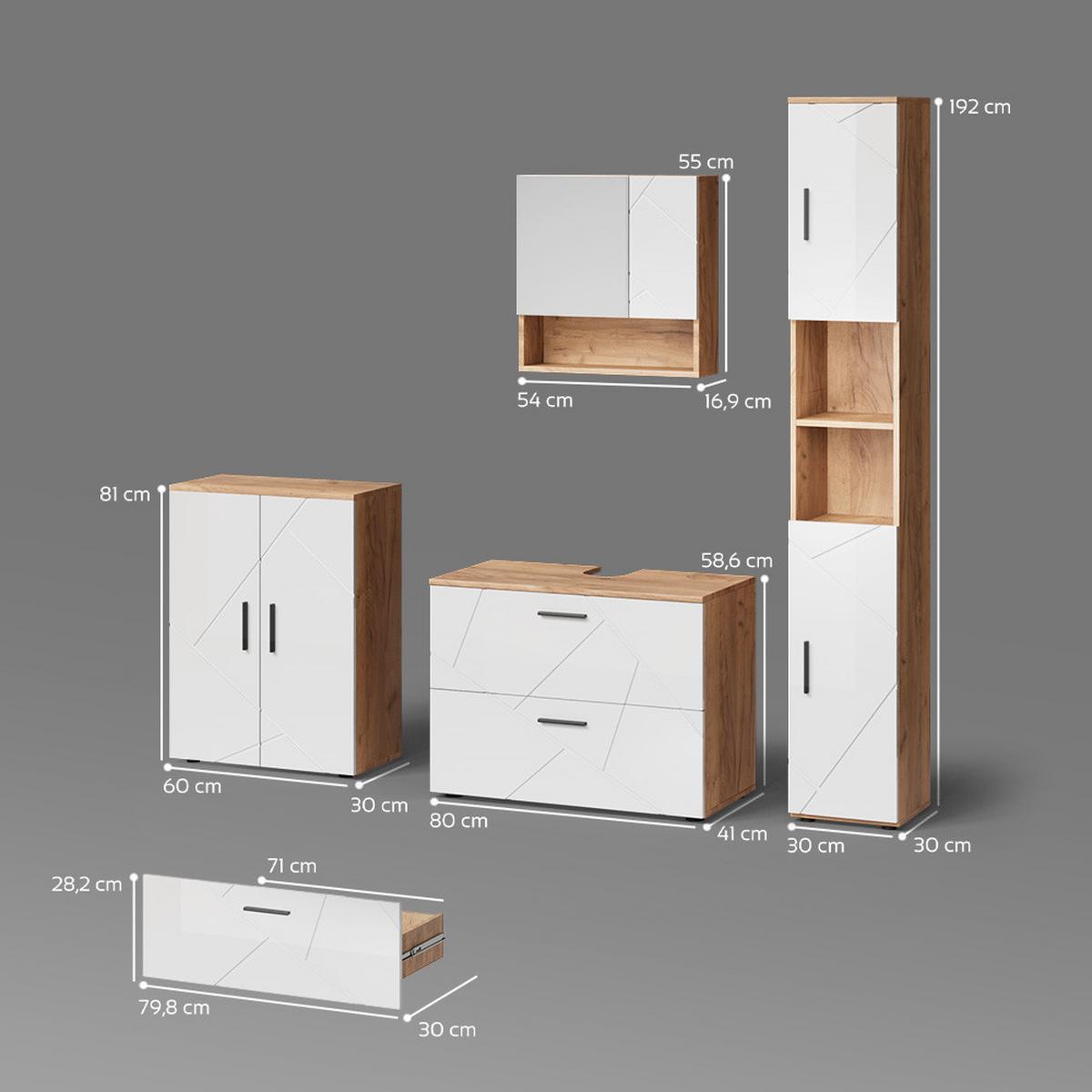 BADMÖBEL-SET Ronco Weiß Hochglanz/Goldkraft Eiche 4 Teile, mit Schubladenschrank und Midischrank - Honigeiche/Weiß Hochglanz, Holzwerkstoff (80/58/41cm) - Livinity®