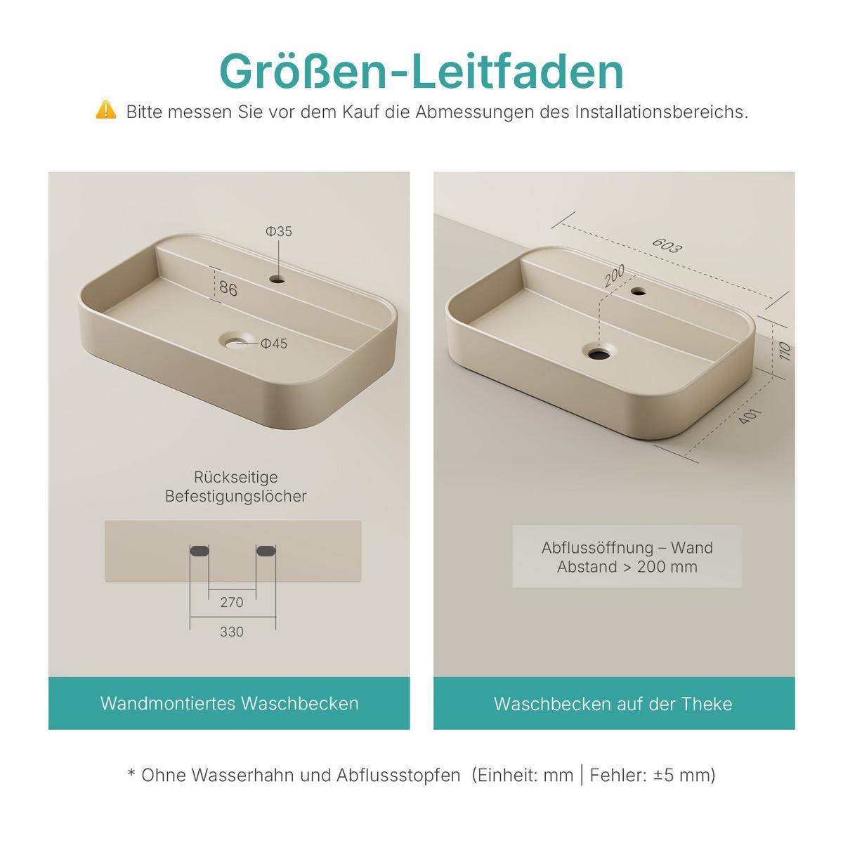 WASCHBECKEN Rechteck Abgerundete Ecken R Mattbeige 40 / 60 / 11 cm - Beige, Keramik (60.3/11/40.1cm) - EMKE