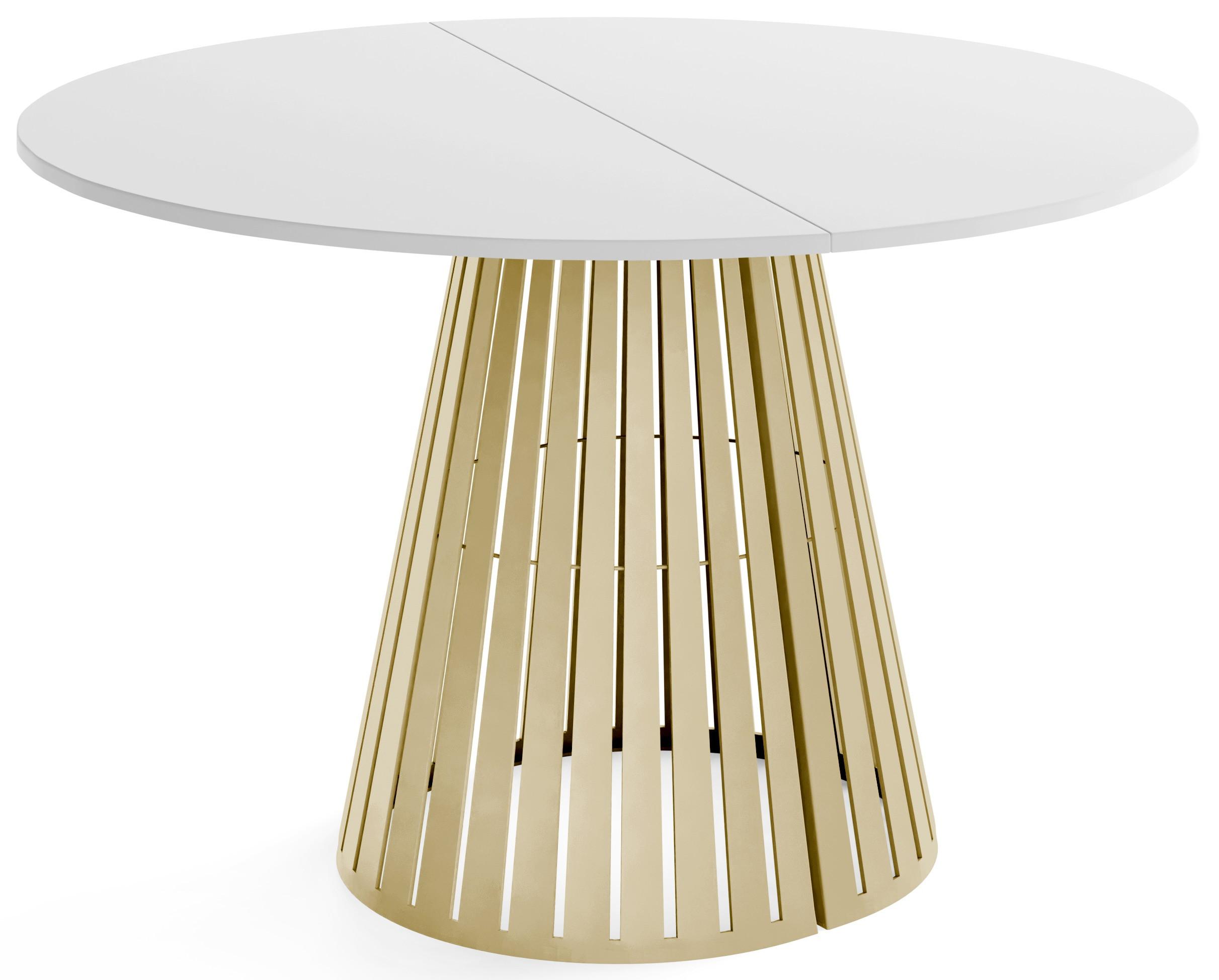 ESSTISCH Naro rund ausziehbar mit Goldenem Lamellen-Metallgestell, Weiß 120-200/120/76 cm - Goldfarben/Weiß, Holzwerkstoff/Metall (120/196/76cm) - WFL GROUP