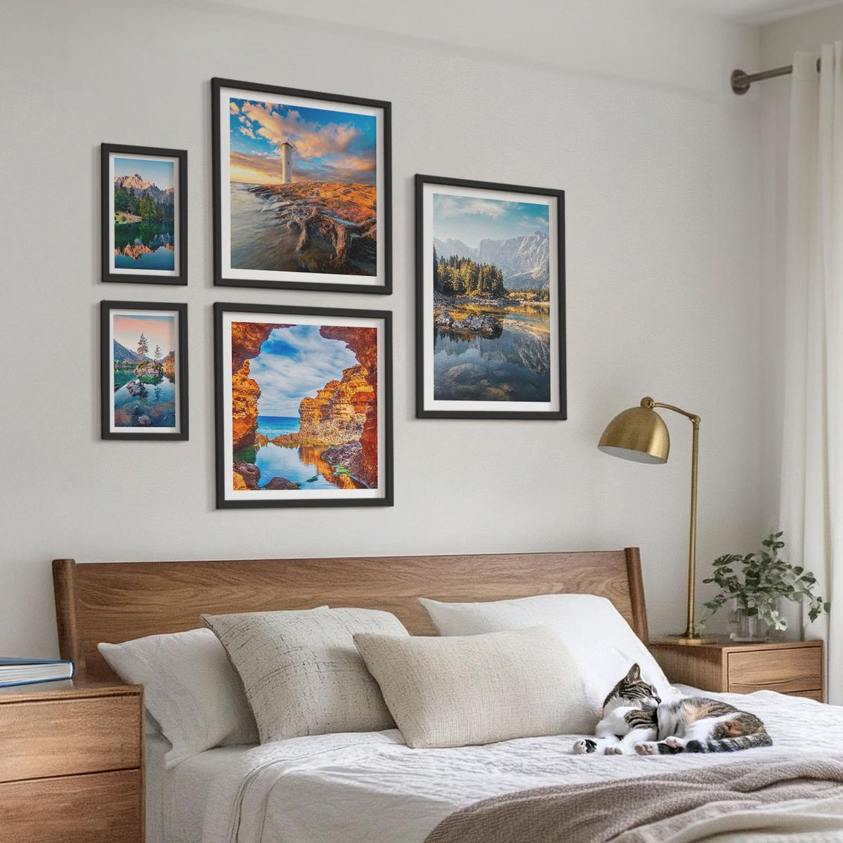 BILDER SET 5er Set - 50x50 cm & 20x30 cm & 40x60 cm Schwarzer Rahmen - Aussicht Paris New York Treppen - Schwarz, Kunststoff (40/60cm) - TULUP