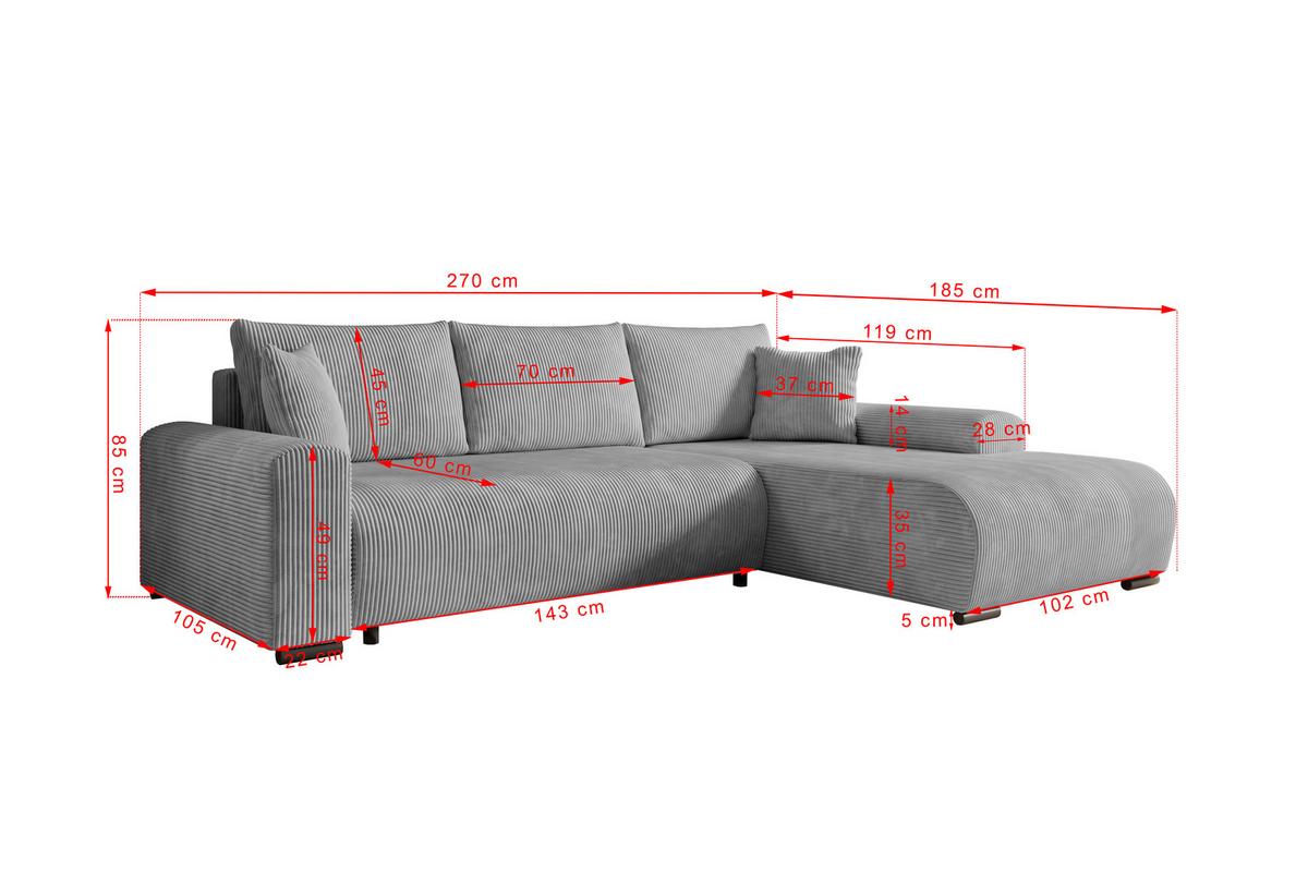 ECKSOFA Nelly mit Bettkasten und Schlaffunktion, Cordstoff in L-Form - Grau, Textil (270/185cm)
