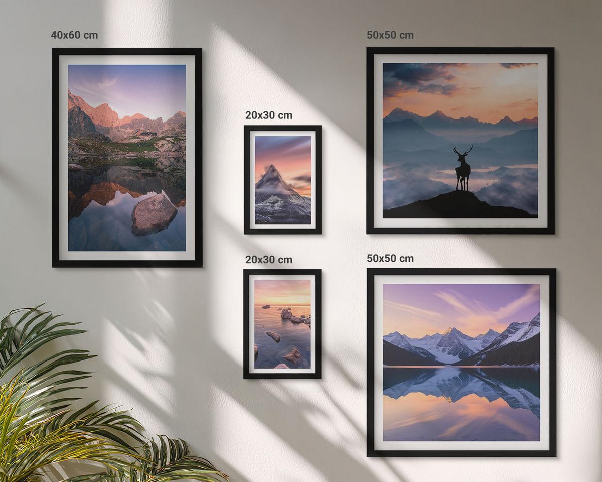 BILDER SET 5er Set - 50x50 cm & 20x30 cm & 40x60 cm Schwarzer Rahmen - Landschaften Berge Seen jelen - Schwarz, Kunststoff (40/60cm) - TULUP