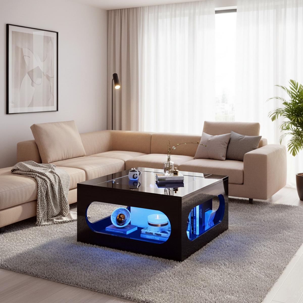 COUCHTISCH in Schwarz-Hochglanz mit LED-Beleuchtung und Glasplatte - Weiß, Holzwerkstoff (70/70/35cm) - Urban Meuble