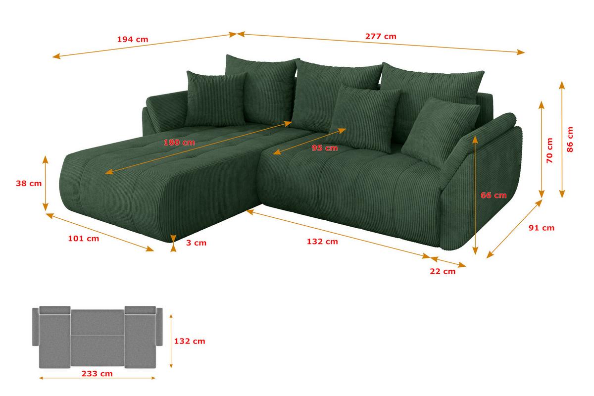 ECKSOFA mit Schlaffunktion Ottomane Links TOKO-L 277x194x86 Grün Cord - Dunkelgrün/Schwarz, Holzwerkstoff/Kunststoff (277/194cm) - ALTDECOR