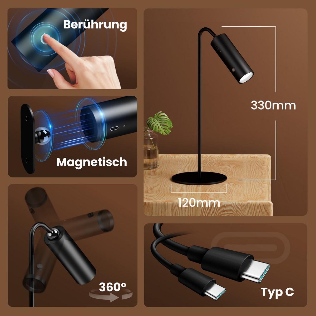 SCHREIBTISCHLAMPE LED dimmbar kabellos Schwarz 33/12/12 cm - Schwarz, Metall (33/12/33cm) - EMKE