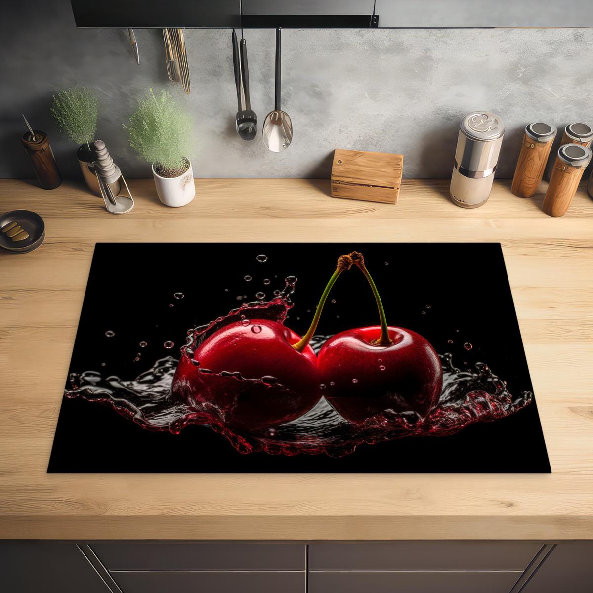 HERDABDECKPLATTE Kirsche - Rot - Frucht - Wasser - Schwarz Ceranfeldabdeckung 80x52 cm - Kirschrot, Kunststoff (80/52/0.2cm) - MuchoWow