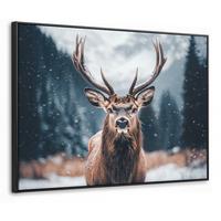 LEINWAND Bilder mit Rahmen - Hirsche - Tiere - Landschaft - Winter - Schnee - 70x50 - Kastanienfarben, Textil (70/50cm) - MuchoWow