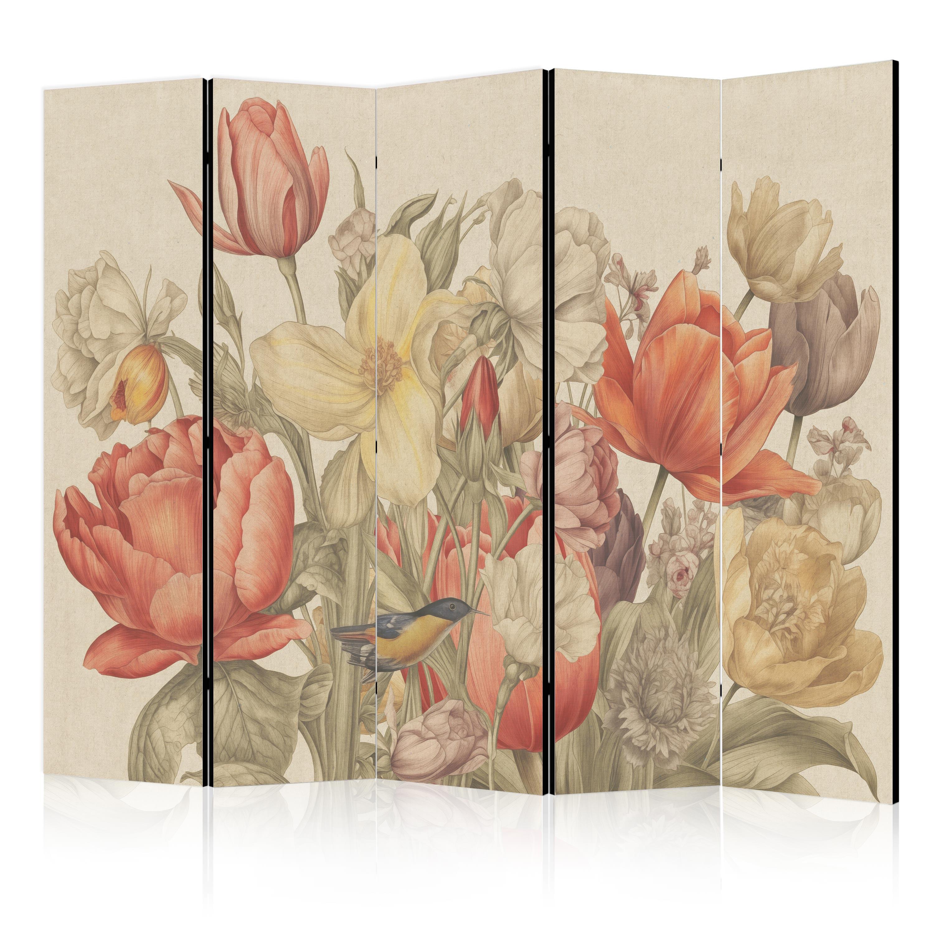 PARAVENT Beidseitig Bedruckter 5-tlg 225x172 cm Retro Tulpen - Multicolor, Holz/Textil (225/172/3cm) - Muralo