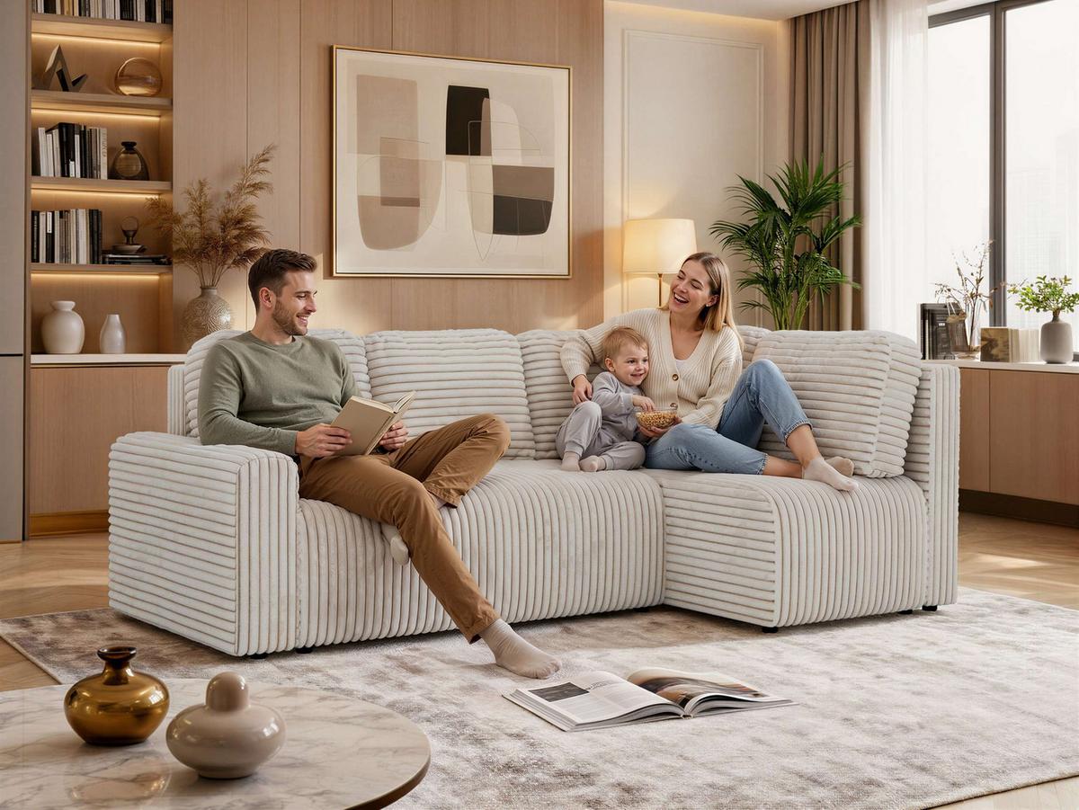 ECKSOFA NESSARO COR L - Hellbraun Cord - Links - Hellbraun/Schwarz, Kunststoff/Textil (151/240cm) - MKS