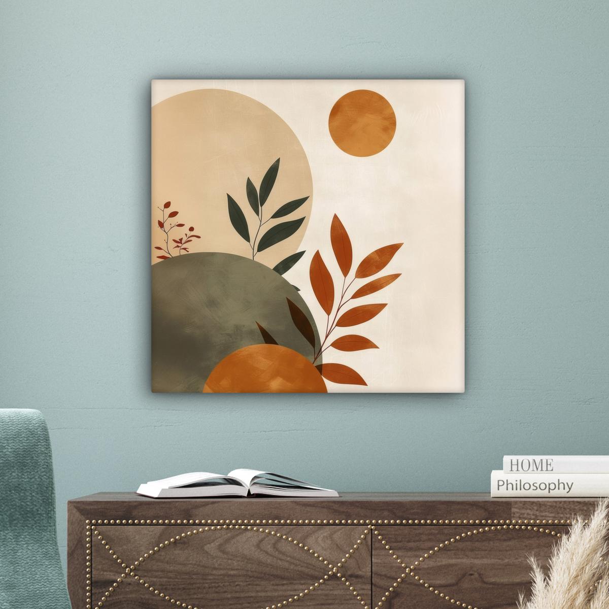 LEINWANDBILD Formen - Rund - Blätter - Beige Wandbild Wohnzimmer 50x50 cm - Rostfarben, Textil (50/50cm) - MuchoWow
