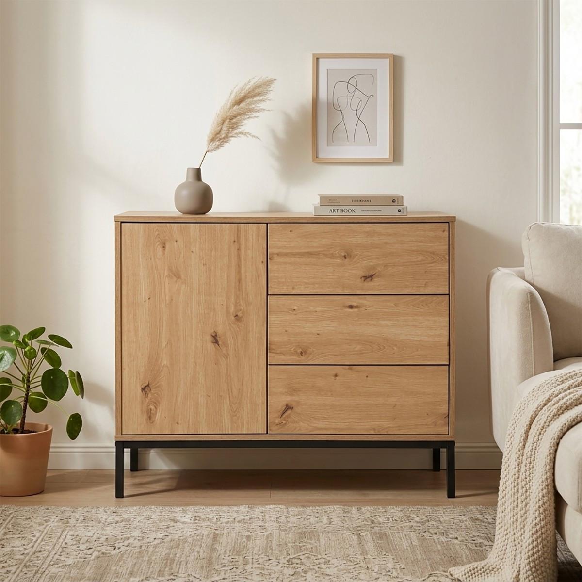 KOMMODE 1 Tür 3 Schubladen Eiche-Dekor FSC-zertifiziert 40/80/90 cm - Eichefarben, Holzwerkstoff (40/80/90cm) - Calicosy