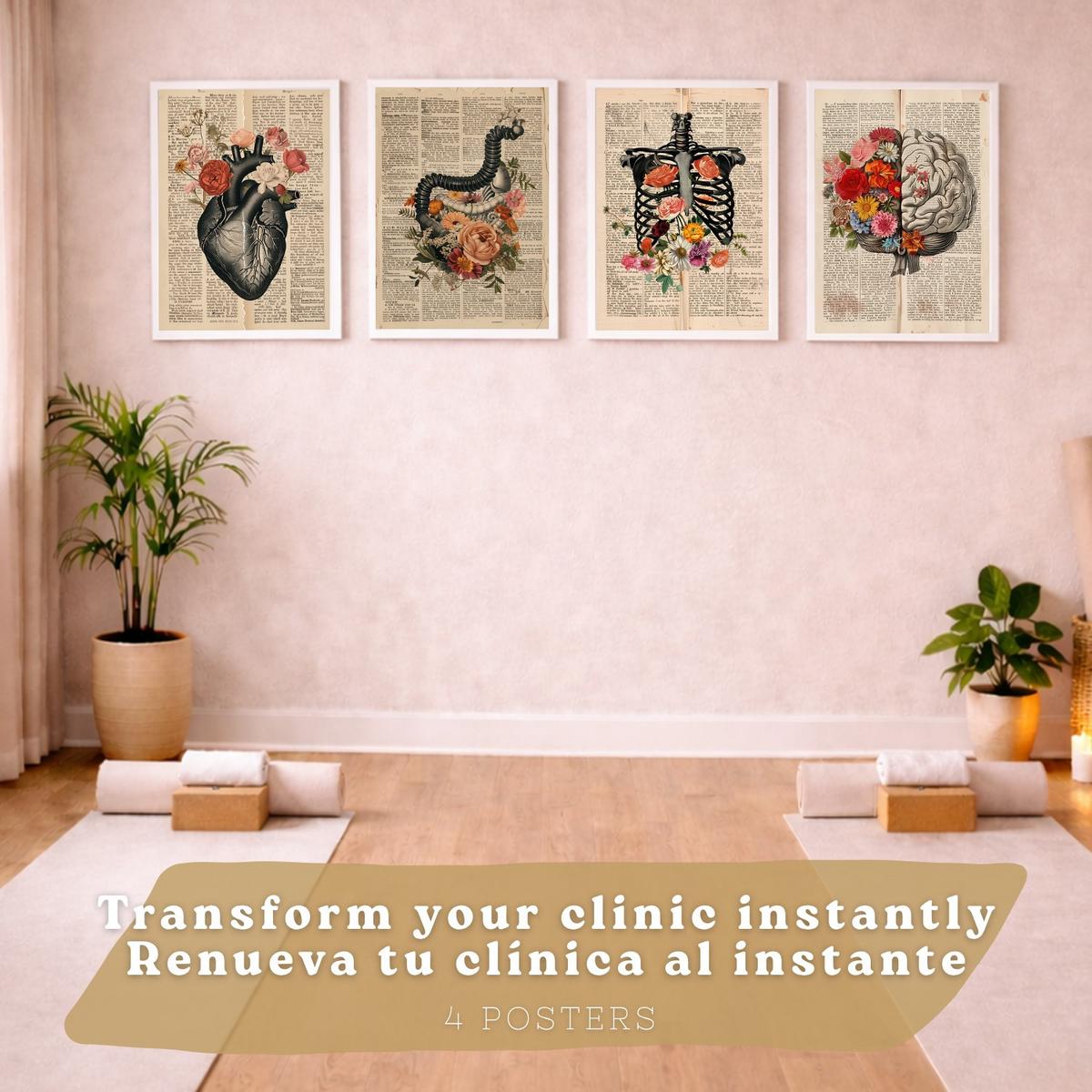 POSTER Set aus 4 Anatomie Drucke und Wandbilder mit Herz Gehirn Skelett und Darm Antiker Hintergrund Wanddekoration Größe Weißer Rahmen A3 - Weiß, Papier (29.7/42/3cm) - Nacnic