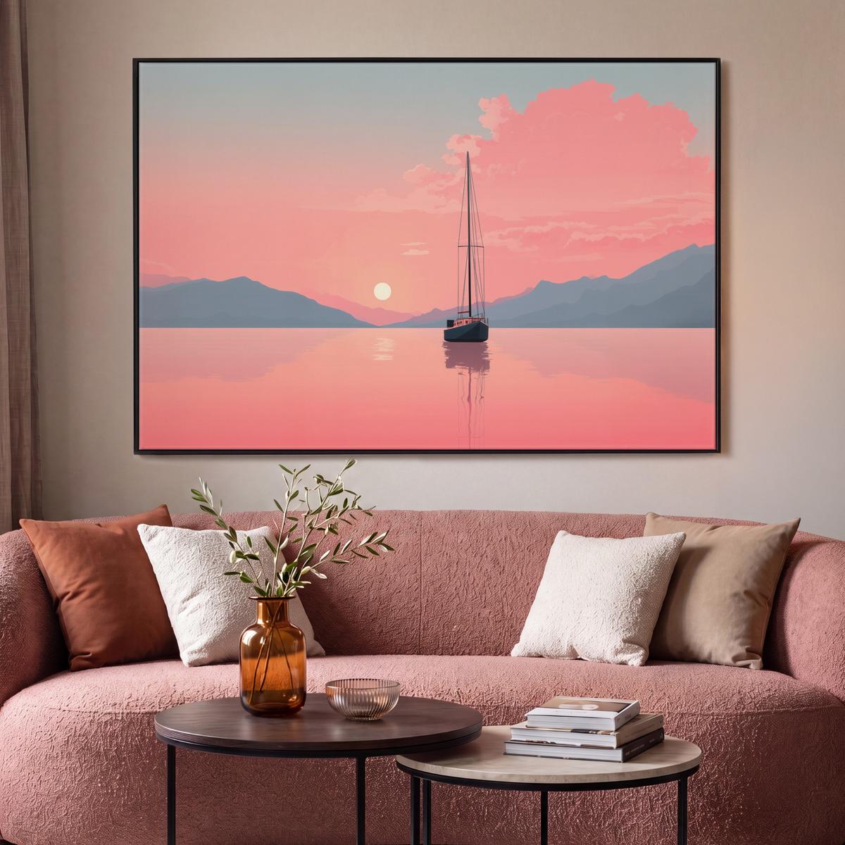 LEINWAND Bilder mit Rahmen - Segelboot - Rosa Meer - Sonnenuntergang - Berge - 140x90 - Rosa, Textil (140/90cm) - MuchoWow
