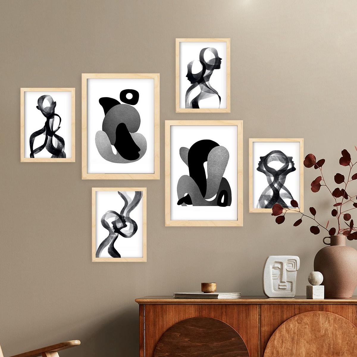 POSTER Set Mit 6 Gebogener Körper In Liebhaber Abstrakt Ästhetische Dekorative Gemälde Für Ihr Wohnzimmer Zuhause A3 & A4 Rahmen Aus Hellem Holz - Beige, Papier (29/3cm) - Nacnic