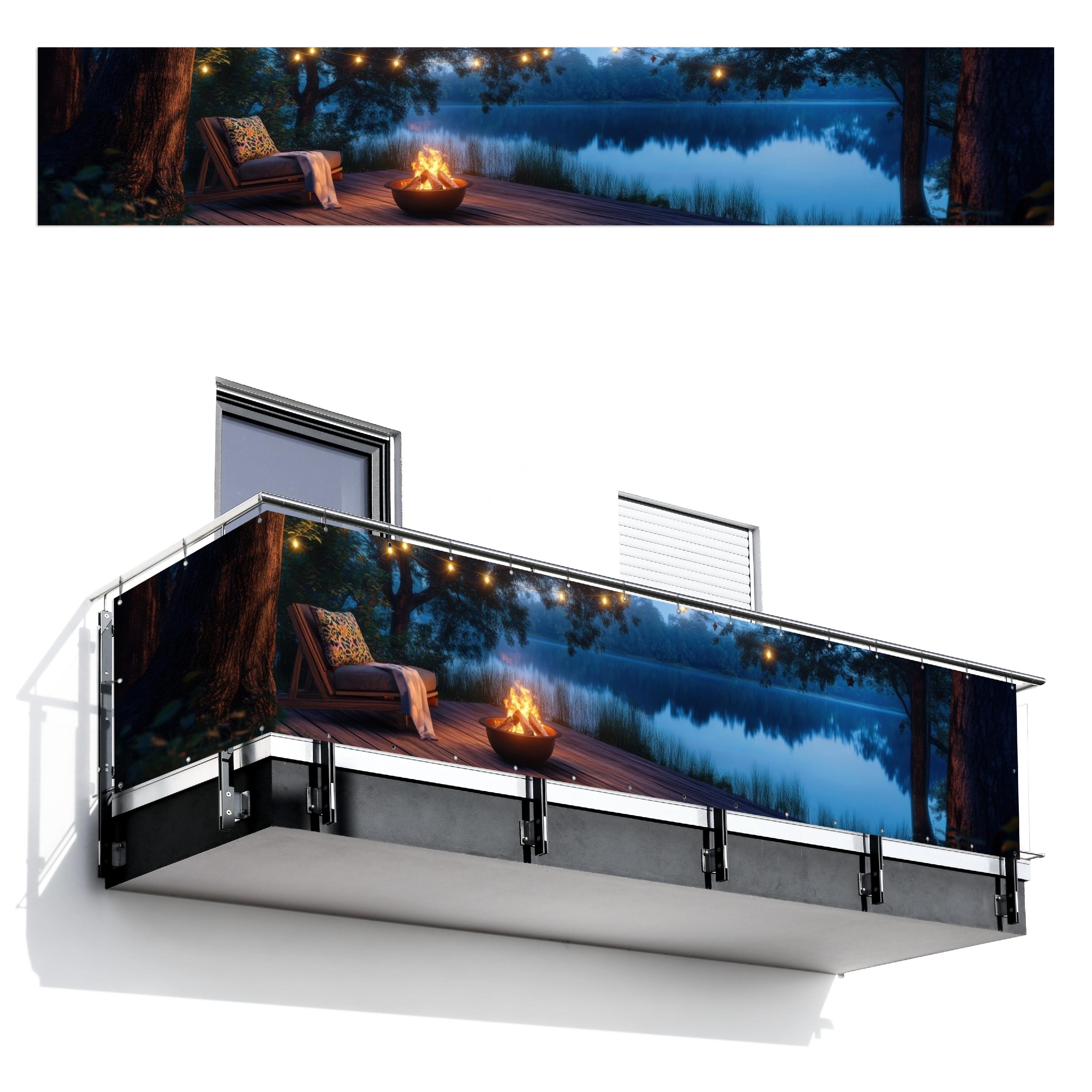 BALKON-SICHTSCHUTZ Lagerfeuer - See - Abendlicht Groß 500x85 cm - Dunkelblau, Kunststoff (500/85cm) - MuchoWow