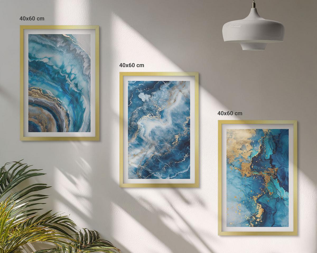 BILDER SET 3er Set - 40x60 cm Goldrahmen - Blaue abstrakte Muster - Goldfarben, Kunststoff (40/60cm) - TULUP