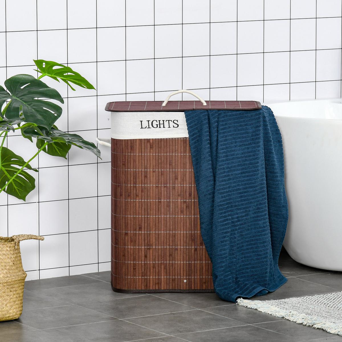 WÄSCHEKORB, Bambus, Polyester Braun+Weiß - Braun, Naturmaterialien (32/63/52cm) - HOMCOM