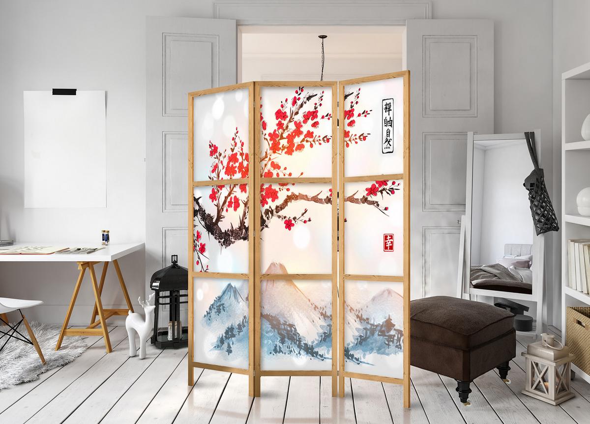 PARAVENT Japanischer 3-tlg 135x172 cm Sakura Berg Fuji - Multicolor, Holz/Textil (135/172/3cm) - Muralo