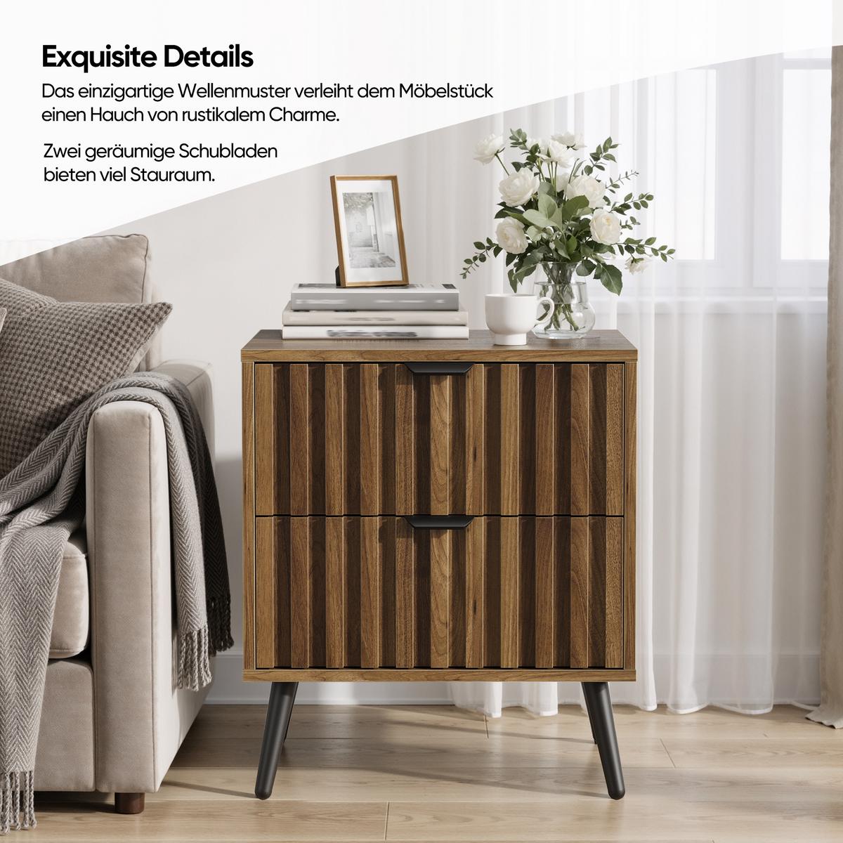 NACHTTISCH Walnuss 45 cm – Nachtkonsole Modern mit 2 Schubladen & Metallbeinen - Walnussfarben, Holzwerkstoff (45/53/40cm) - Urban Meuble