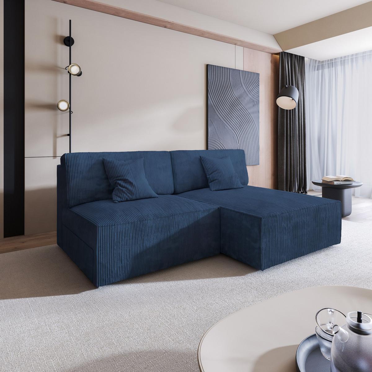 ECKSOFA FIORO P Blau Kordstoff mit Schlaffunktion - Blau/Grau, Holz/Kunststoff (204/148cm) - MASSENO