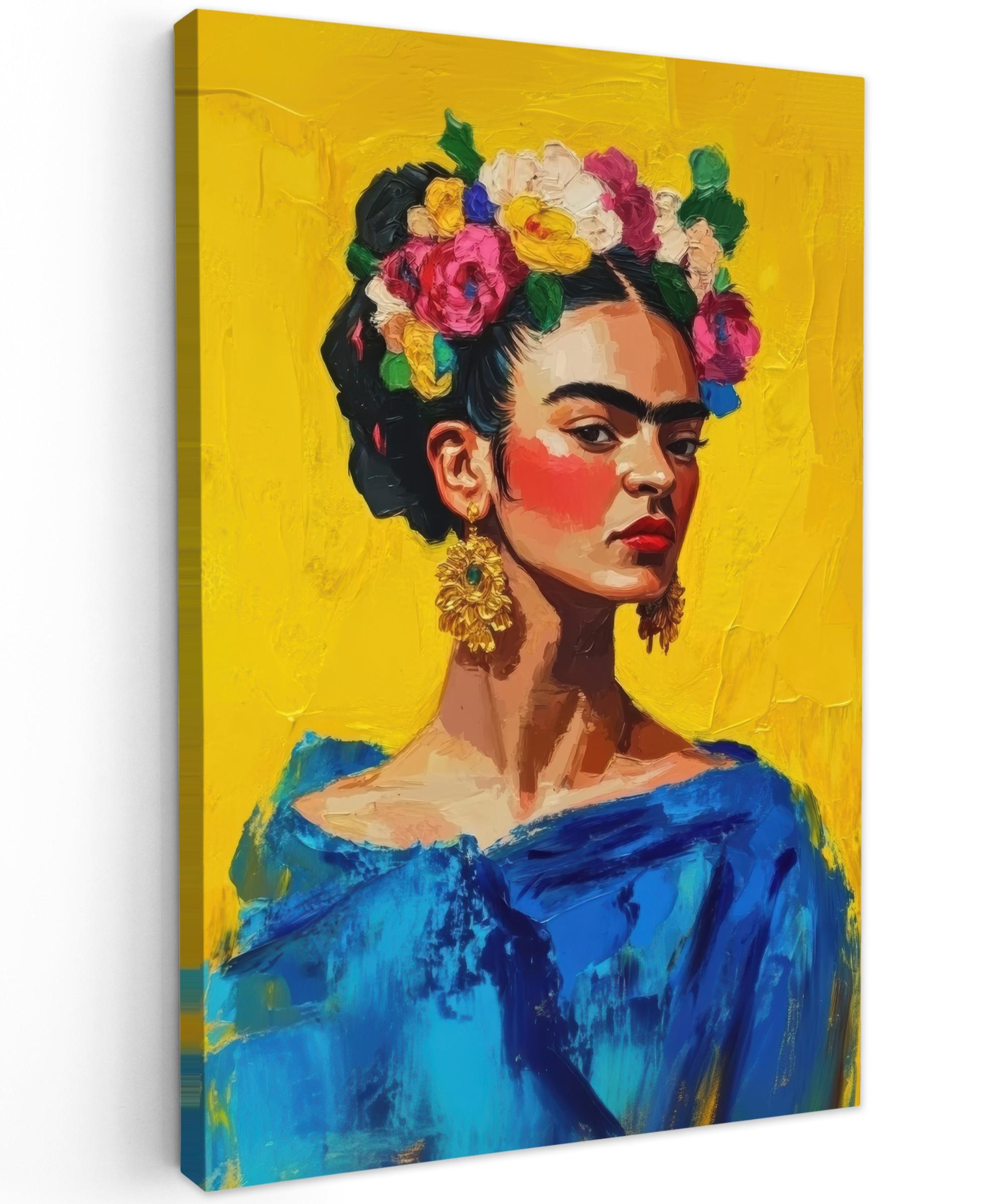 LEINWANDBILD Frida Kahlo - Frau - Gelb - Blau - Blumen Deko Groß 90x140 cm - Gelb, Textil (90/140cm) - MuchoWow