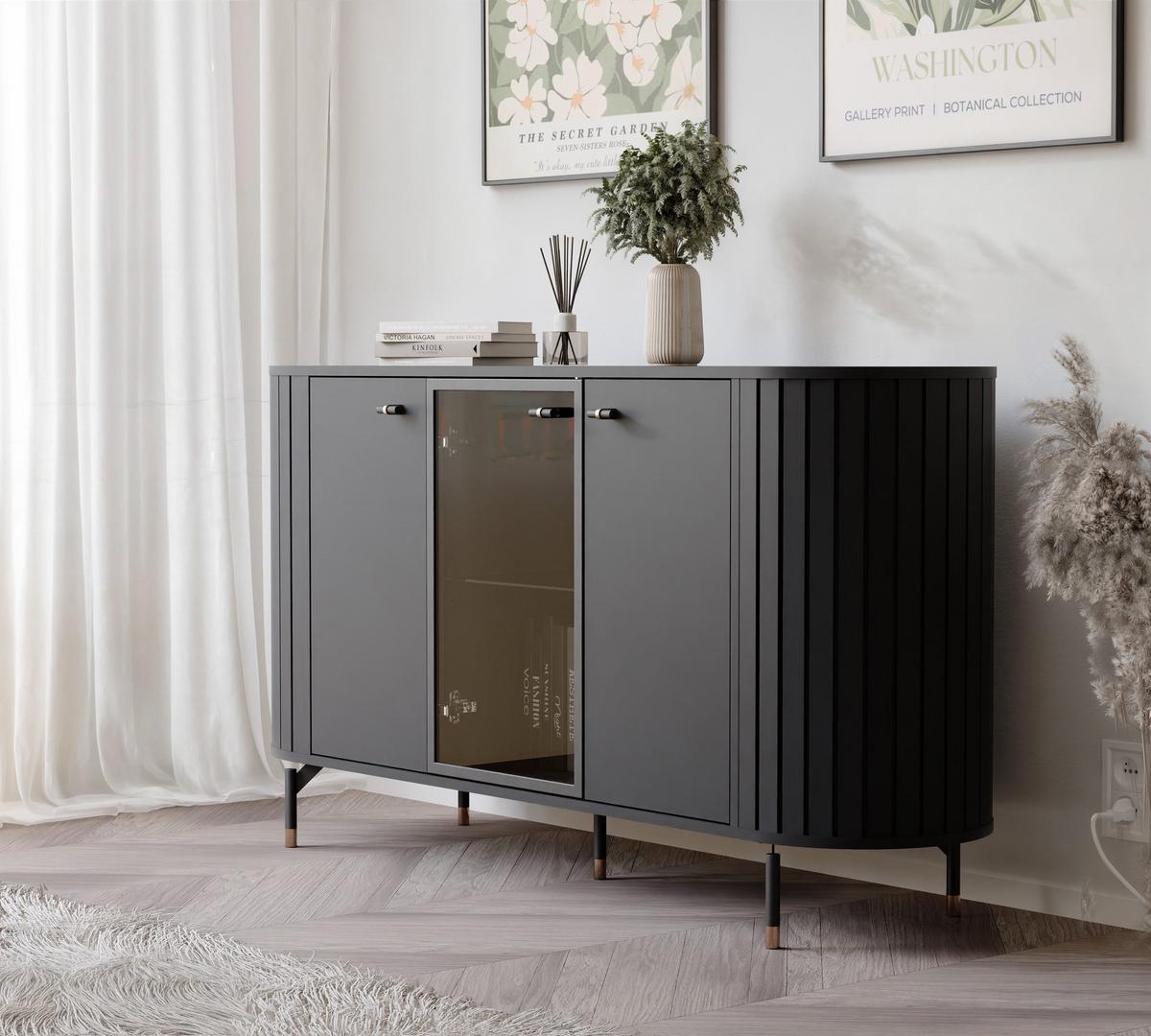 KOMMODE dreitürig, Schwarz mit LED-Beleuchtung - Schwarz, Holzwerkstoff (150/81/40cm) - Idohome