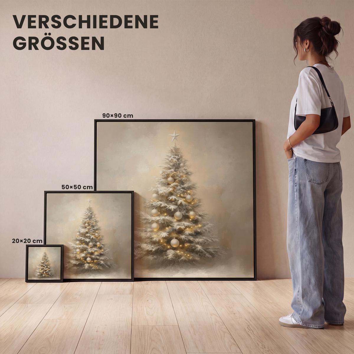 LEINWAND Bilder mit Rahmen - Weihnachten - Weihnachtsbaum - Schnee - Kunst - 50x50 - Champagner, Textil (50/50cm) - MuchoWow