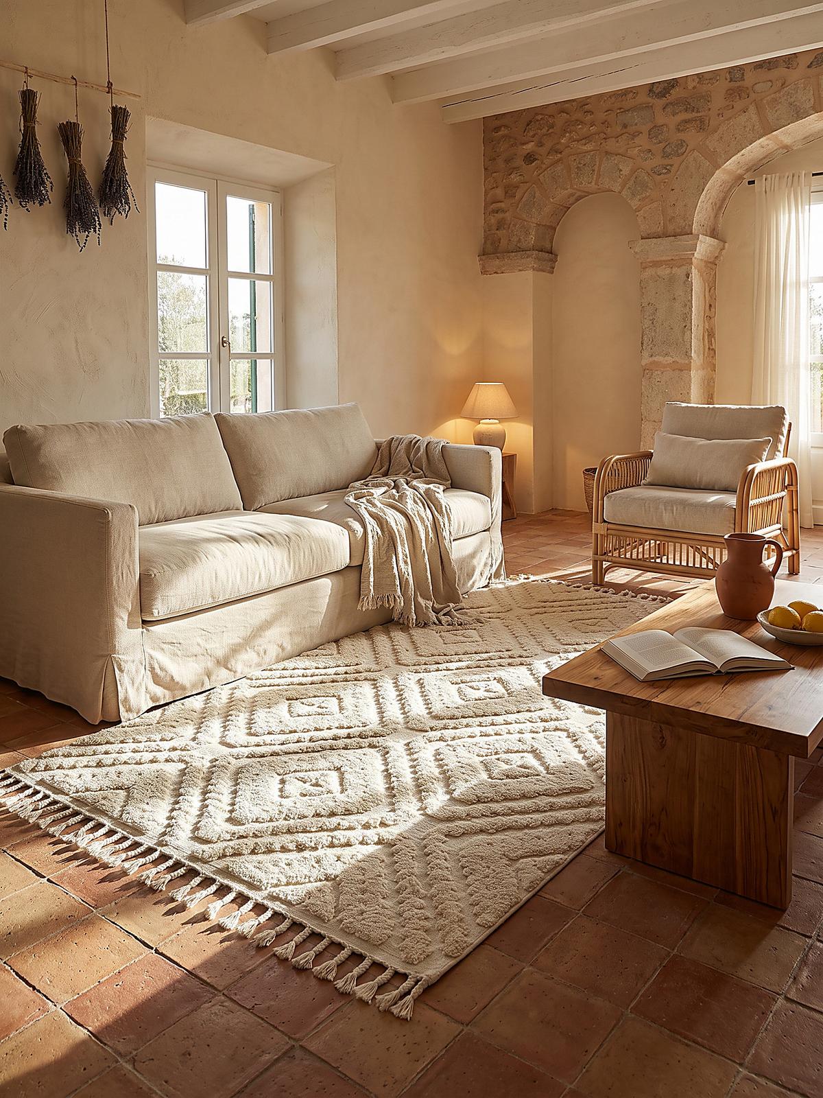TEPPICH Hochflor, mit Fransen, TALLA, in Creme, Rautenmuster, 133 x 190 cm - Beige, Textil (133/190cm) - KADIMA DESIGN