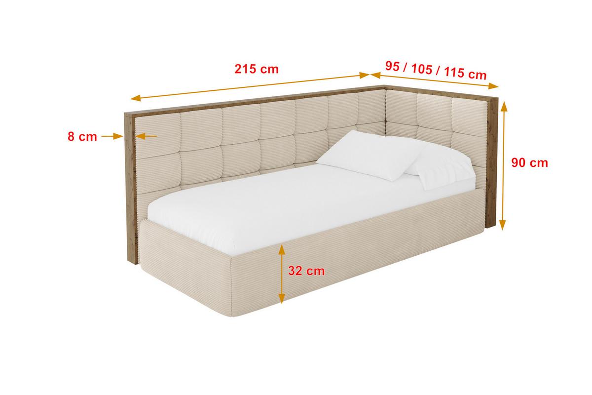 EINZELLBETT Jugendbett mit Bettkasten und Matratze H3/H4, Links - SOVY 90x200 Beige - Creme, Holzwerkstoff/Textil (90/200cm) - ALTDECOR