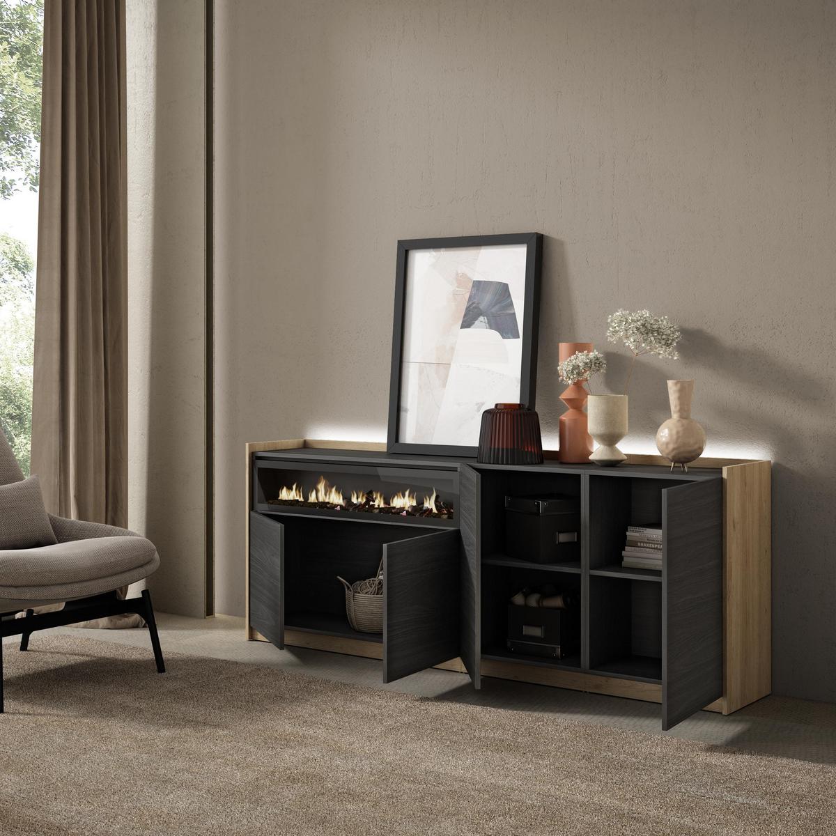 SIDEBOARD, Schwarz und Eiche, 207/37/80cm, Kamin mit Feuereffekt - Schwarz, Holzwerkstoff (207/80/37cm) - Skraut Home