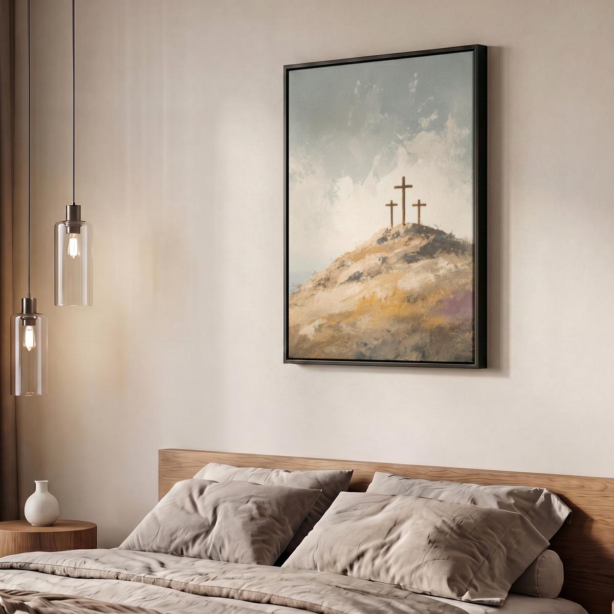 LEINWAND Bilder mit Rahmen - Hügel - Abstrakt - Christentum - Kreuz - 50x70 - Hellgrau, Textil (50/70cm) - MuchoWow