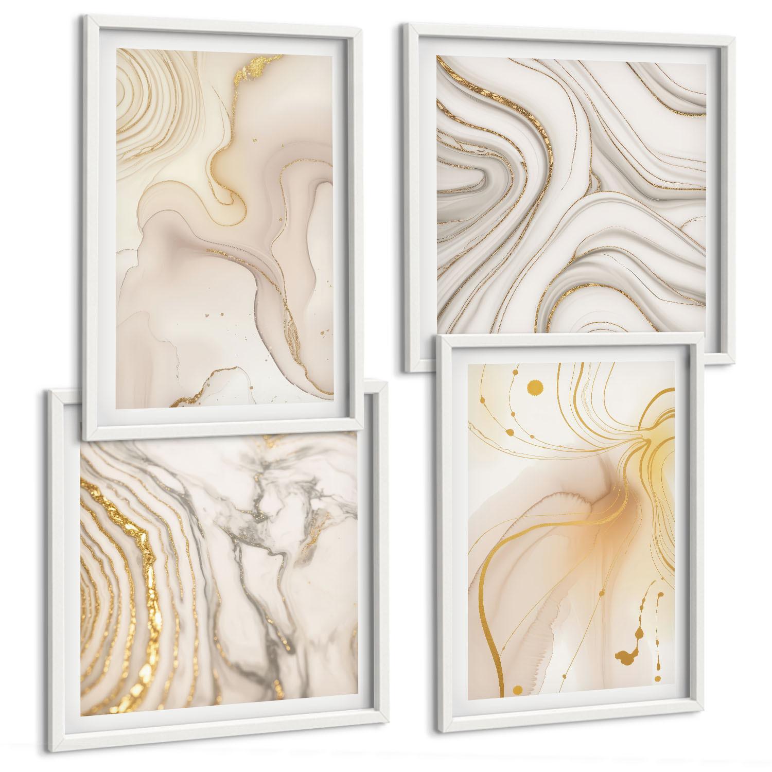 BILDER SET 4er Set - 50x50 cm & 40x60 cm Weißer Rahmen - Subtile abstrakte Muster - Weiß, Kunststoff (50/50cm) - TULUP