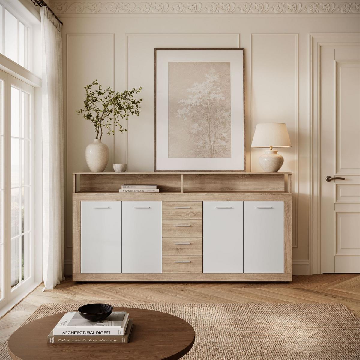 KOMMODE ROMANO mit Schubladen - Weiß/Sonoma Eiche, Holzwerkstoff (190/96/32cm) - Lookway