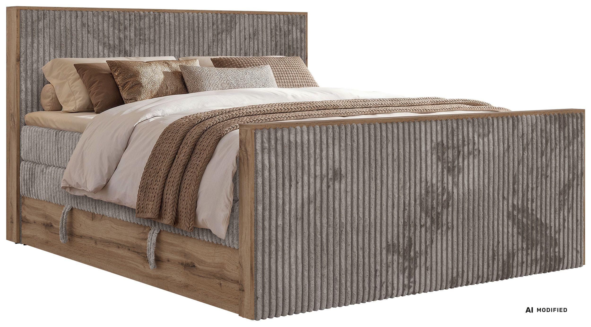 BOXSPRINGBETT WOOD KING DUO 180/200 - Hellbraun Cord - Topper T25 - H4 - Hellbraun/Schwarz, Kunststoff/Textil (180/200cm) - MKS