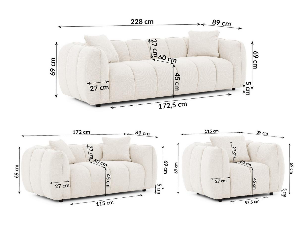 SITZGARNITUR 3+2+1 Nubira in tief gesteppter Bubble-Optik aus weichem Creme Strukturstoff im modernen Design - Creme/Schwarz, Holz/Kunststoff (228/69/89cm) - S-Style Möbel