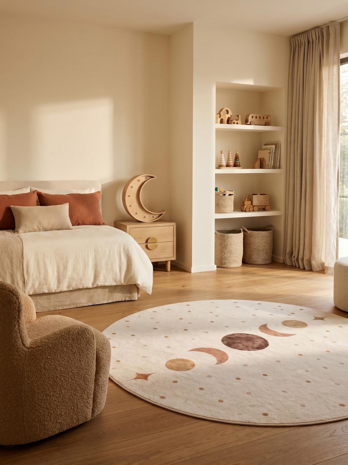 TEPPICH Kurzflor Waschbar TINO in Creme, mit Mondphasen-Motiv, Ø 160 cm - Beige, Textil (160/160cm) - KADIMA DESIGN