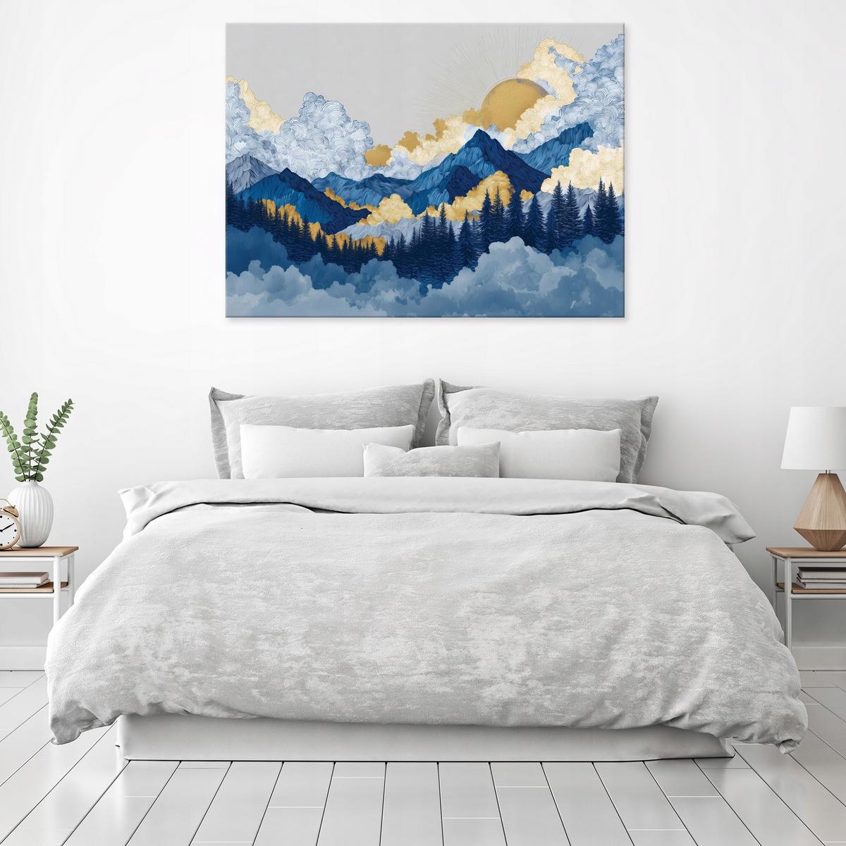 LEINWANDBILD Berge Aquarell Blau 120x80 cm - Multicolor, Holzwerkstoff (120/80cm) - Wallarena