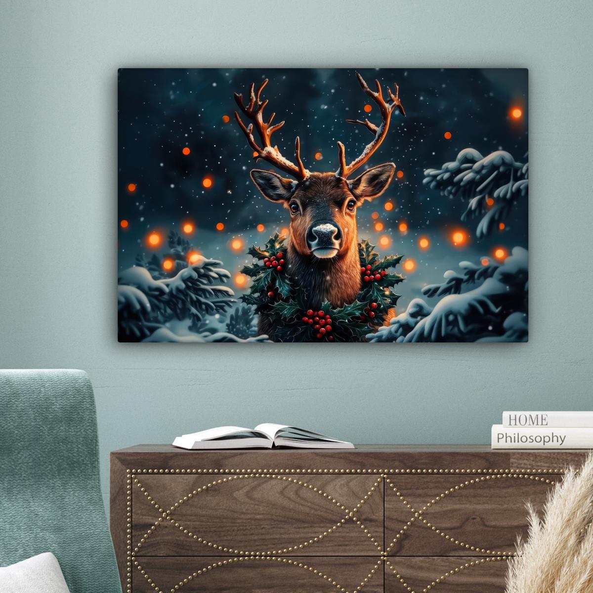 LEINWANDBILD Hirsch - Weihnachten - Winter - Schnee - Weihnachtskranz Wanddeko 90x60 cm - Dunkelbraun, Textil (90/60cm) - MuchoWow