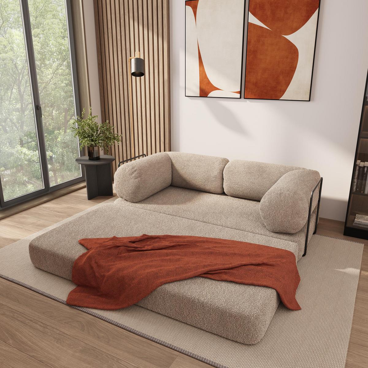 BETTSOFA EIREN aus Schaumstoff Bucle-Stoff Beige Schlaffunktion - Beige, Textil (170/68/80cm) - MASSENO