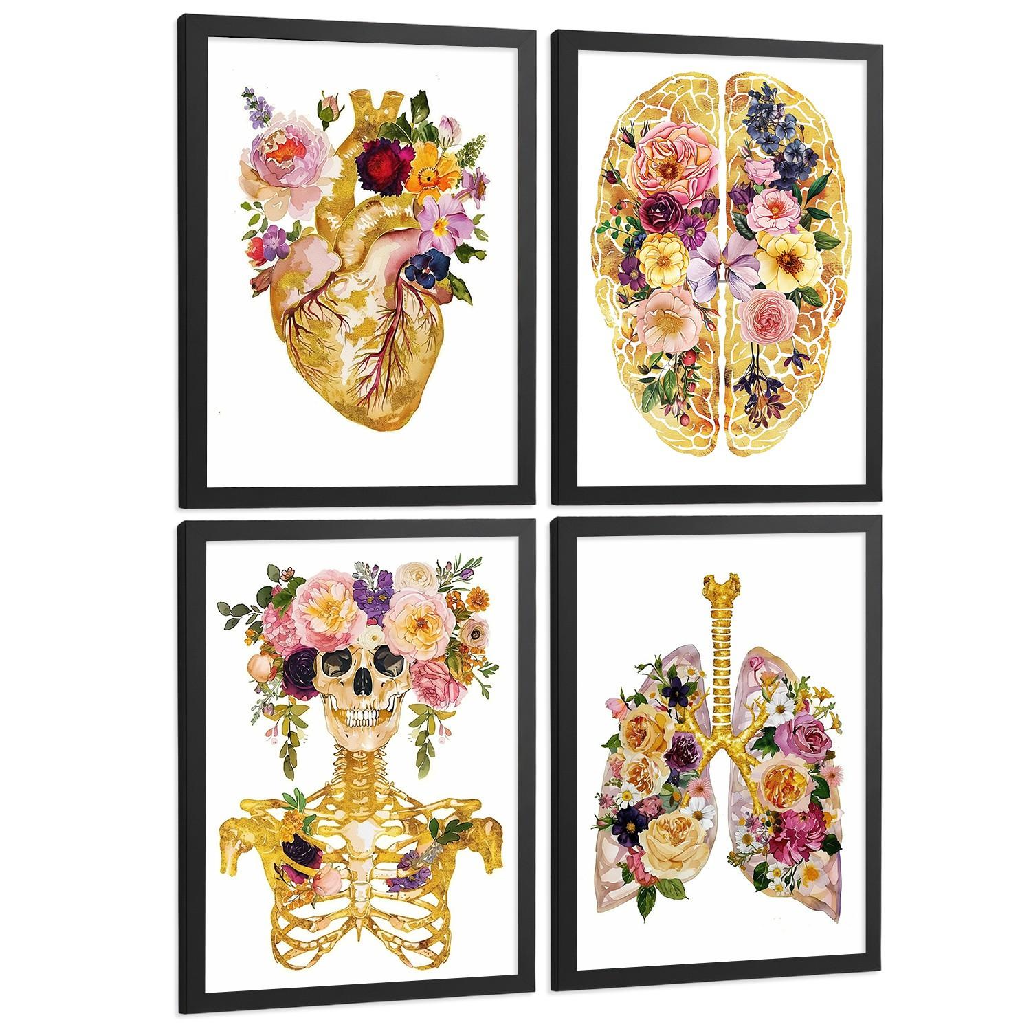 POSTER Set aus 4 Anatomie Mensch Drucke und mit Herz Gehirn Schädel Lungen Luftröhre Bronchien Goldener Floraler Stil Größe Schwarzer Rahmen A4 - Schwarz, Papier (21/29.7/3cm) - Nacnic