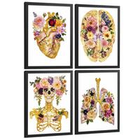 POSTER Set aus 4 Anatomie Mensch Drucke und mit Herz Gehirn Schädel Lungen Luftröhre Bronchien Goldener Floraler Stil Größe Schwarzer Rahmen A3 - Schwarz, Papier (29.7/42/3cm) - Nacnic